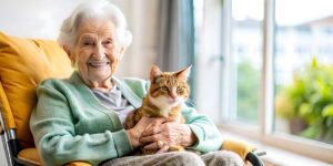 Two seniors participating in an arts and crafts activity at a shared living facility with natural daylight.