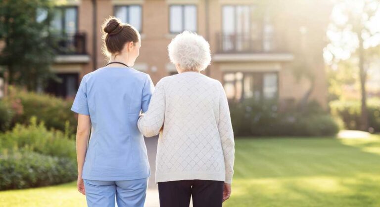 Older resident follows a high-contrast hallway with handrails, bright lighting, and a staff member offering guidance.
